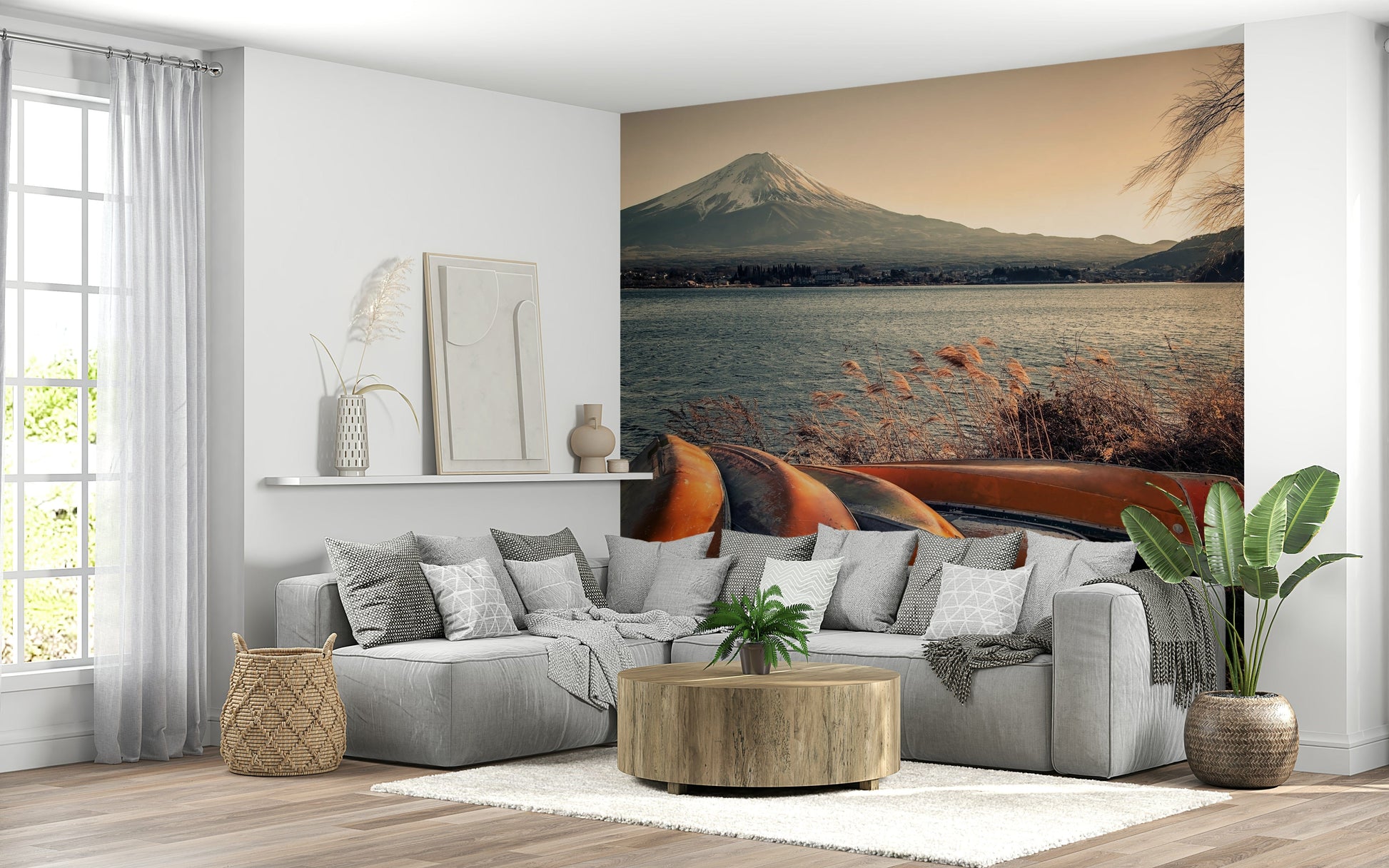 Fuji lake view mural in nursery, gentle color tones, full wall coverage