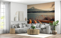 Fuji lake view mural in nursery, gentle color tones, full wall coverage