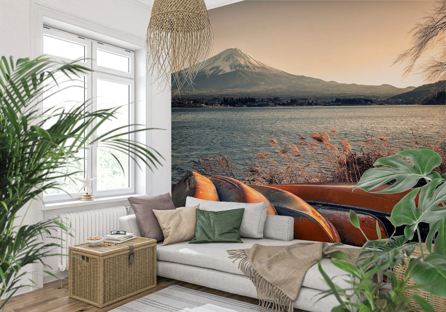 Scenic lake and mountain wall mural for hallway, clean lines, peaceful blue shades