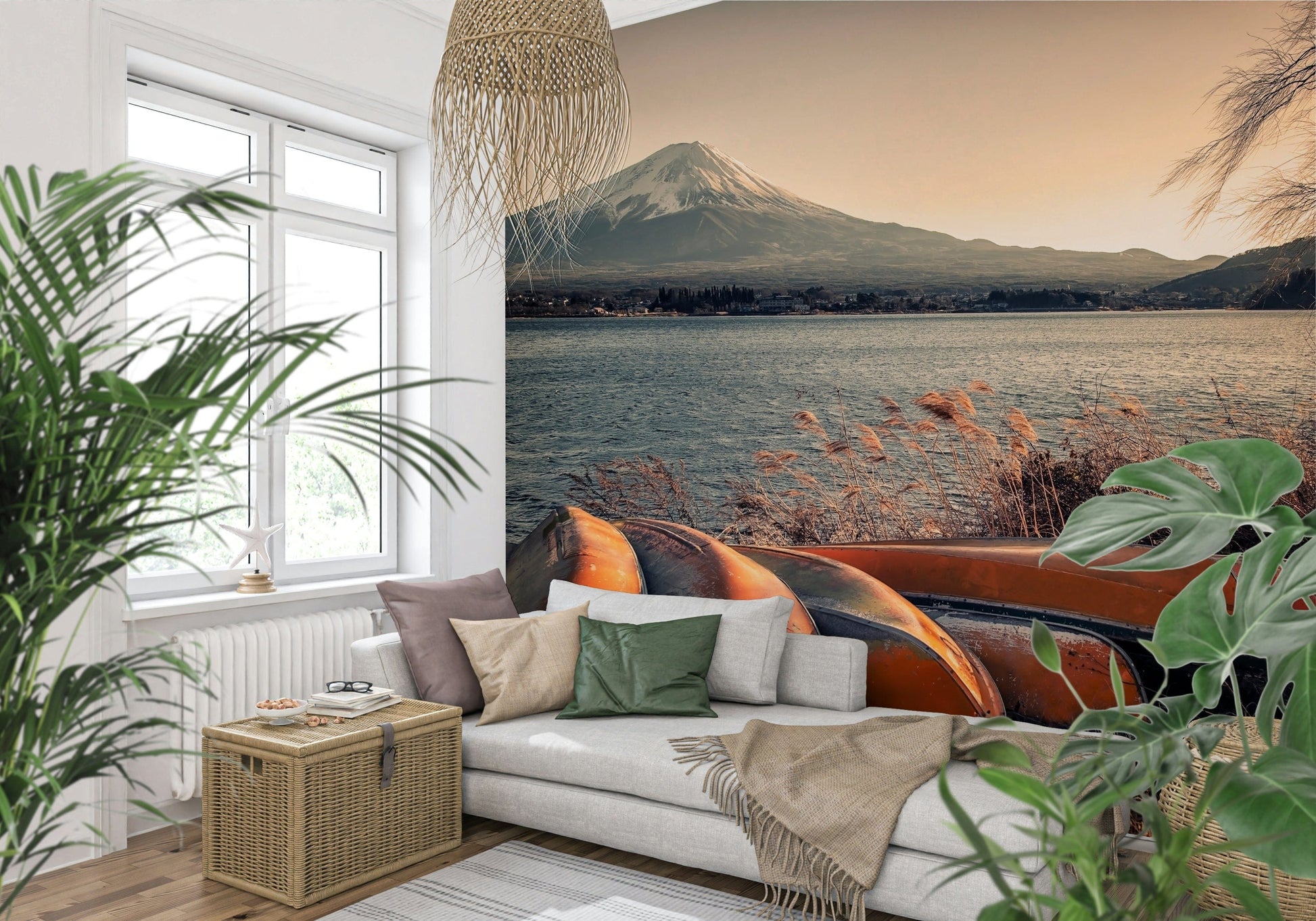 Scenic lake and mountain wall mural for hallway, clean lines, peaceful blue shades