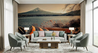 Fuji’s Lakeside Calm Wall Mural in bedroom, soothing blues, scenic wall decor