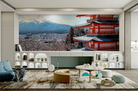 Tranquil Pagoda Peak wallpaper mural showing the red pagoda and Mount Fuji above white arched shelving in a bright playroom