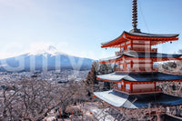 Tranquil Pagoda Peak wallpaper mural close-up of the red five-story pagoda overlooking the town with snowy Mount Fuji beyond