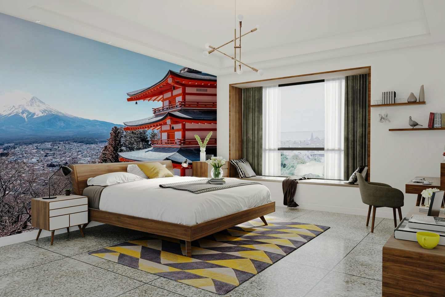 Tranquil Pagoda Peak wallpaper mural of the red pagoda and Mount Fuji behind a wooden bed and yellow chevron rug in a bedroom