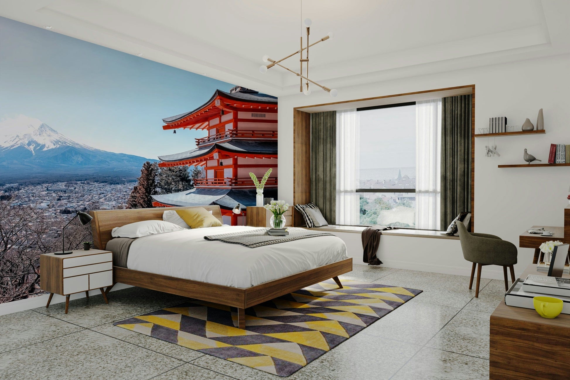 Tranquil Pagoda Peak wallpaper mural of the red pagoda and Mount Fuji behind a wooden bed and yellow chevron rug in a bedroom