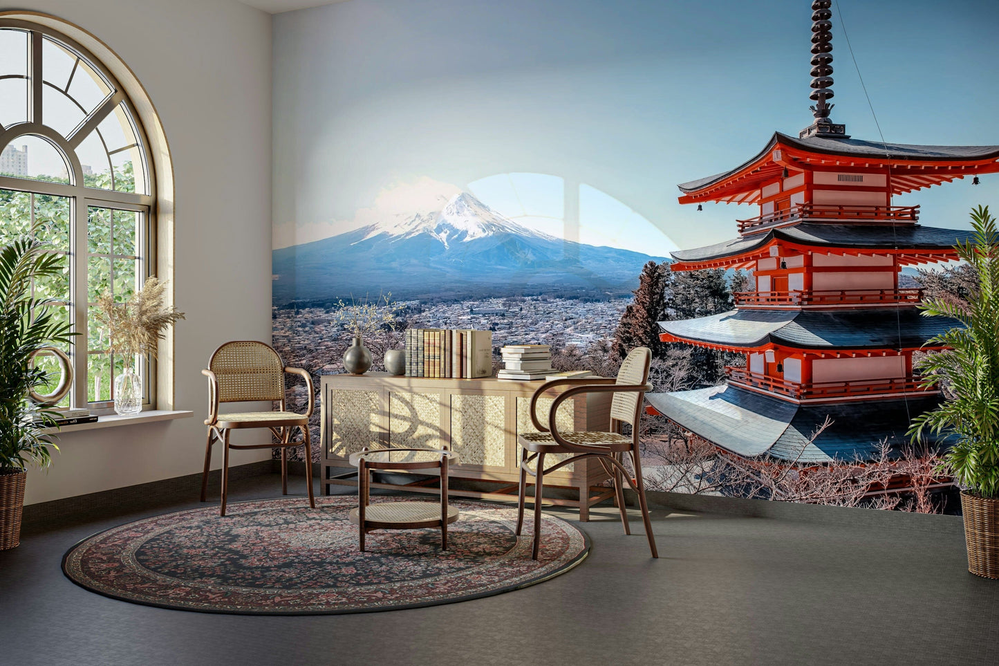 Tranquil Pagoda Peak wallpaper mural with a red pagoda and snow-capped Mount Fuji behind cane chairs in a sitting room