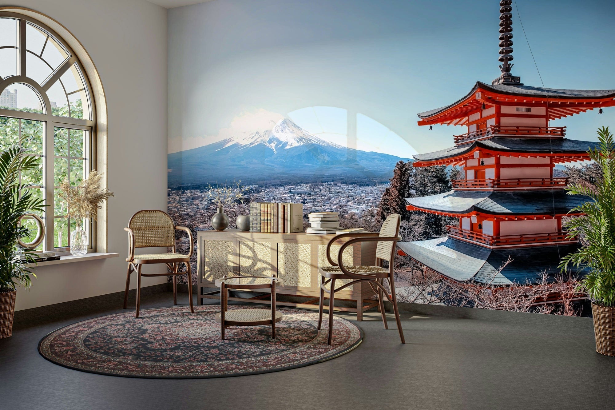 Tranquil Pagoda Peak wallpaper mural with a red pagoda and snow-capped Mount Fuji behind cane chairs in a sitting room