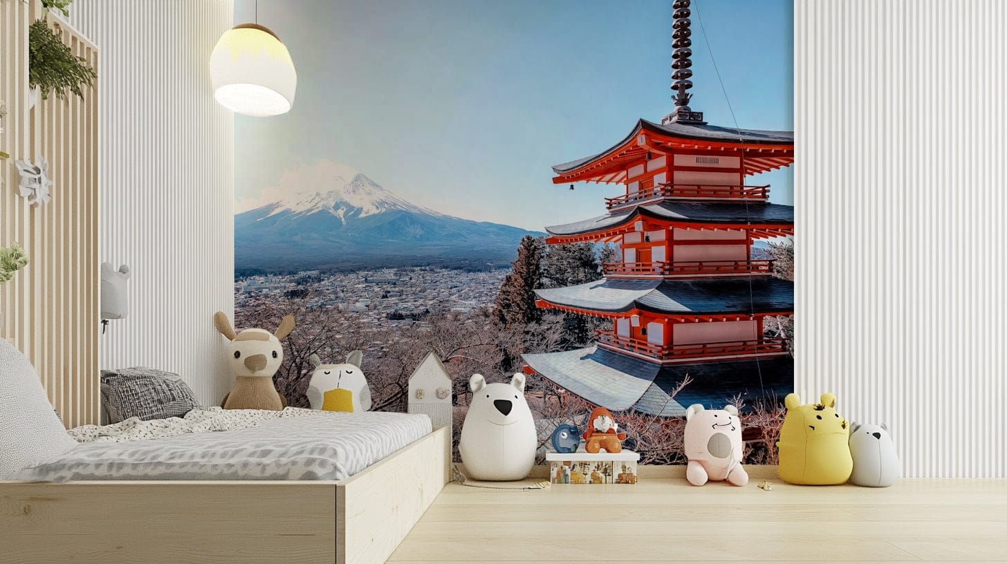 Tranquil Pagoda Peak wallpaper mural showing the red pagoda and Mount Fuji behind a child's bed and plush toys in a nursery