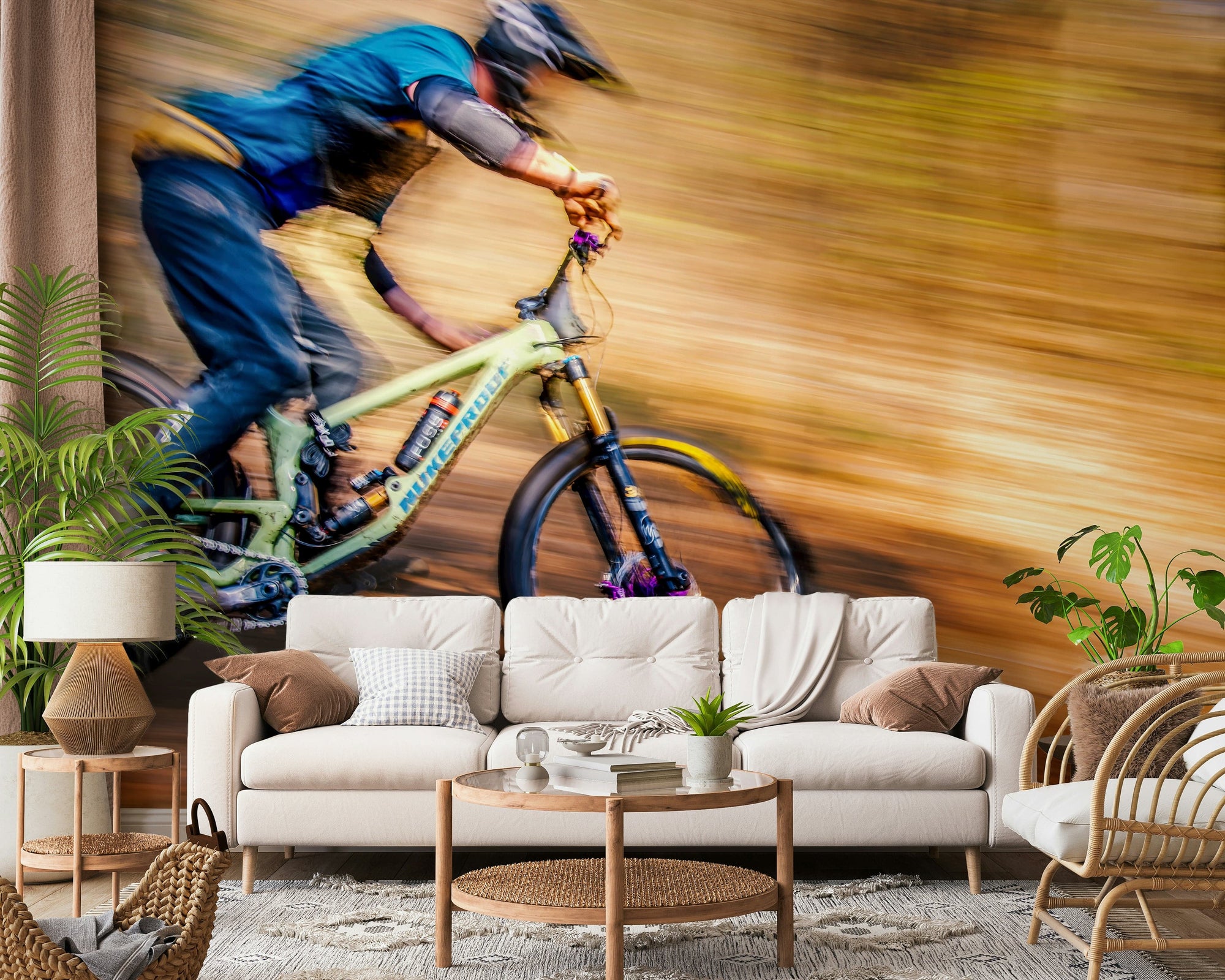 Mountain Bike Rush wallpaper mural of a blurred biker on an orange trail behind a cream sofa in a living room