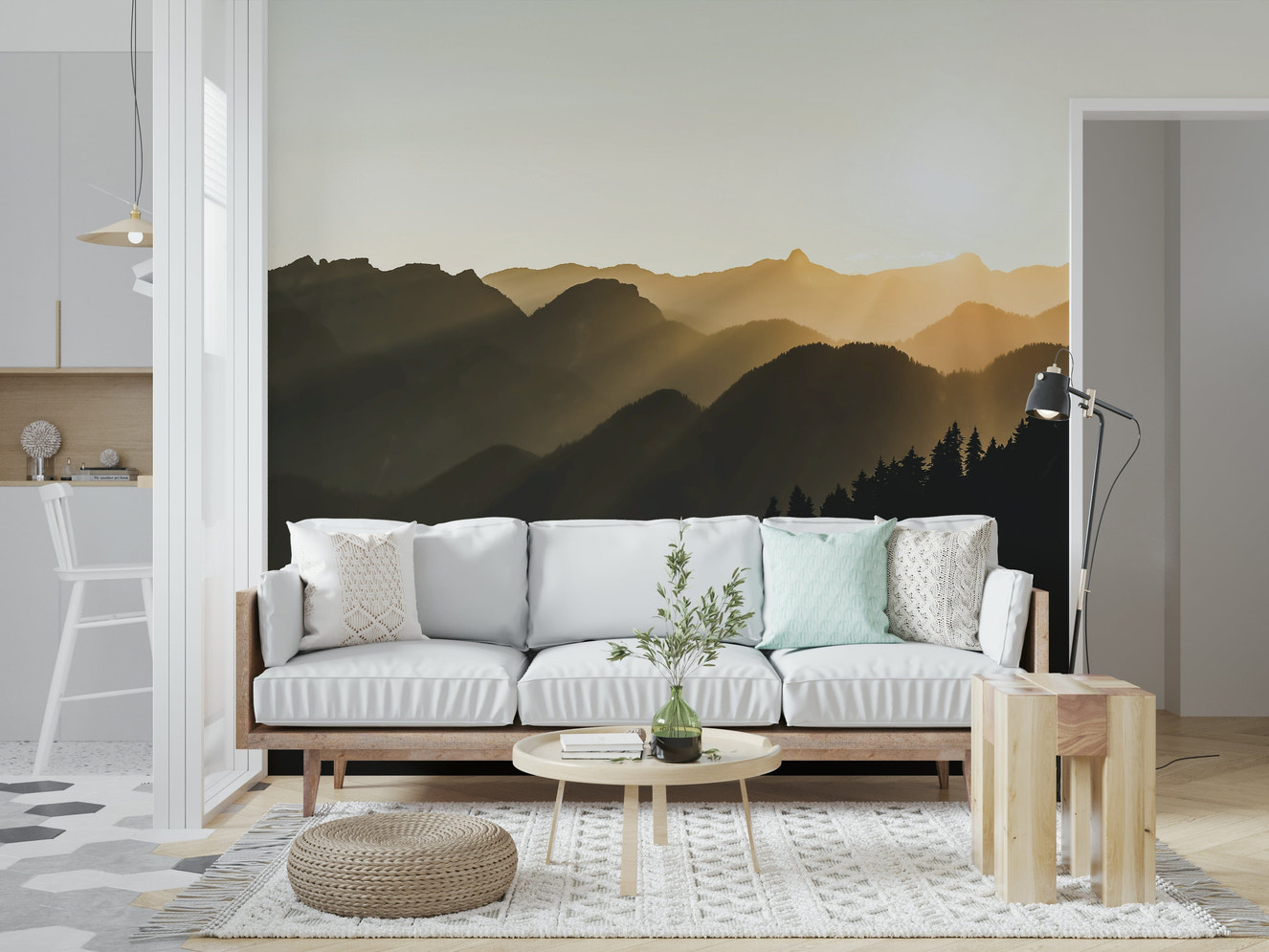 Mountain Dawn Woodland wallpaper, silhouetted pines on vast rolling terrain.