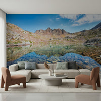 Reflective glacial pond art Mountain Lake Serenity wall mural.