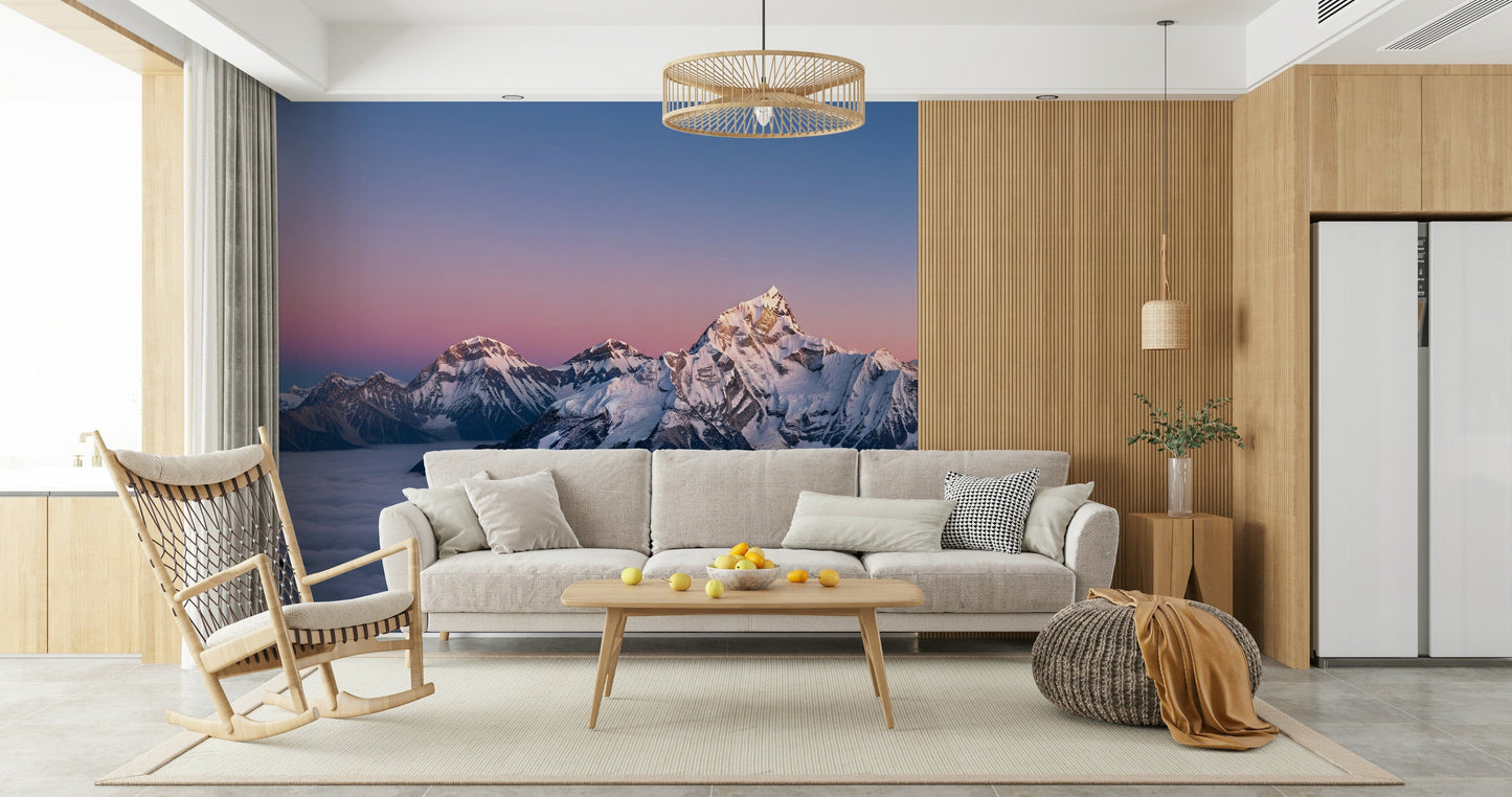 Soft mountain scenery for coastal home styling in a bright bedroom.
