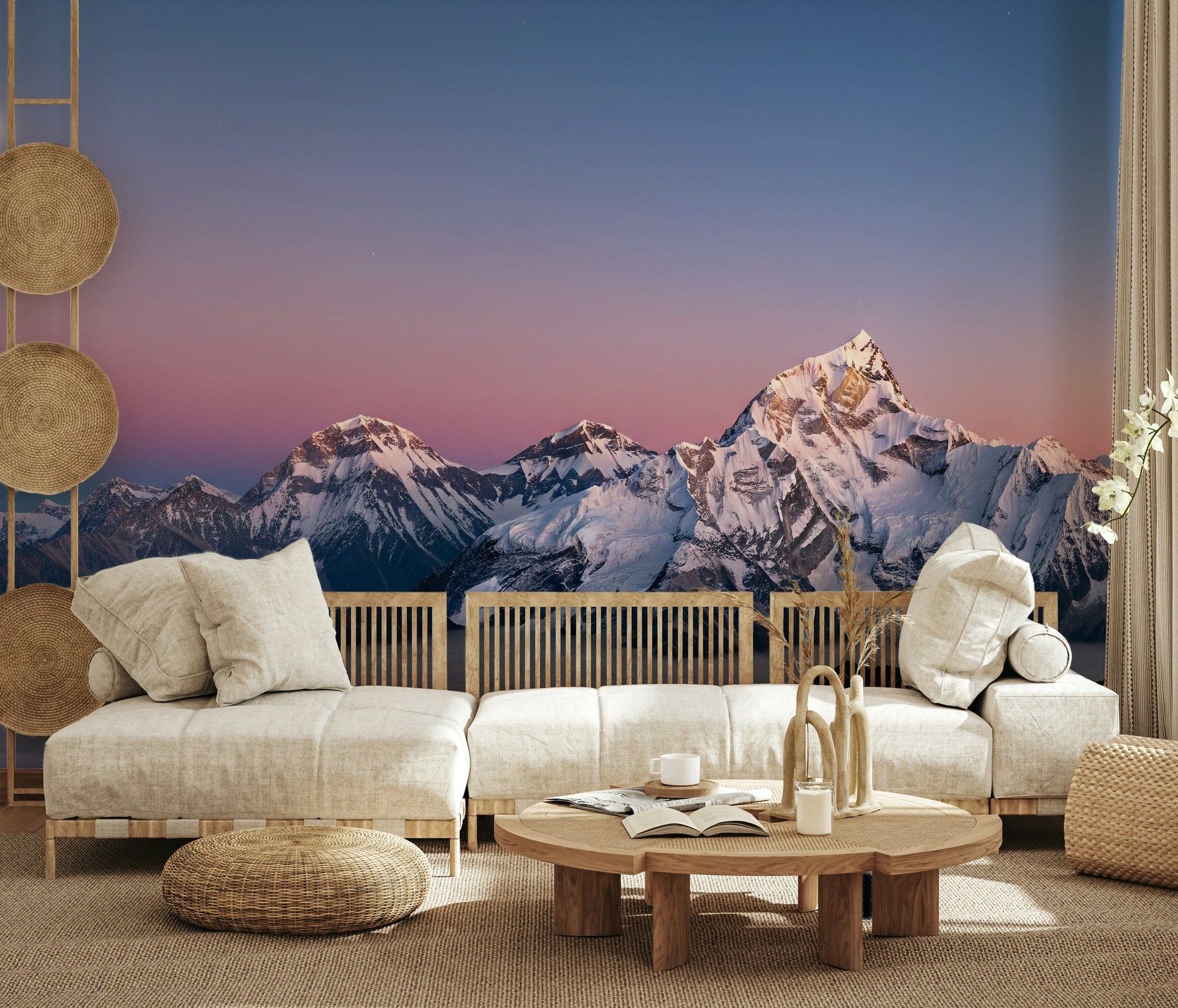 Summit Serenity Wall Mural with blue and grey peaks for a living space.