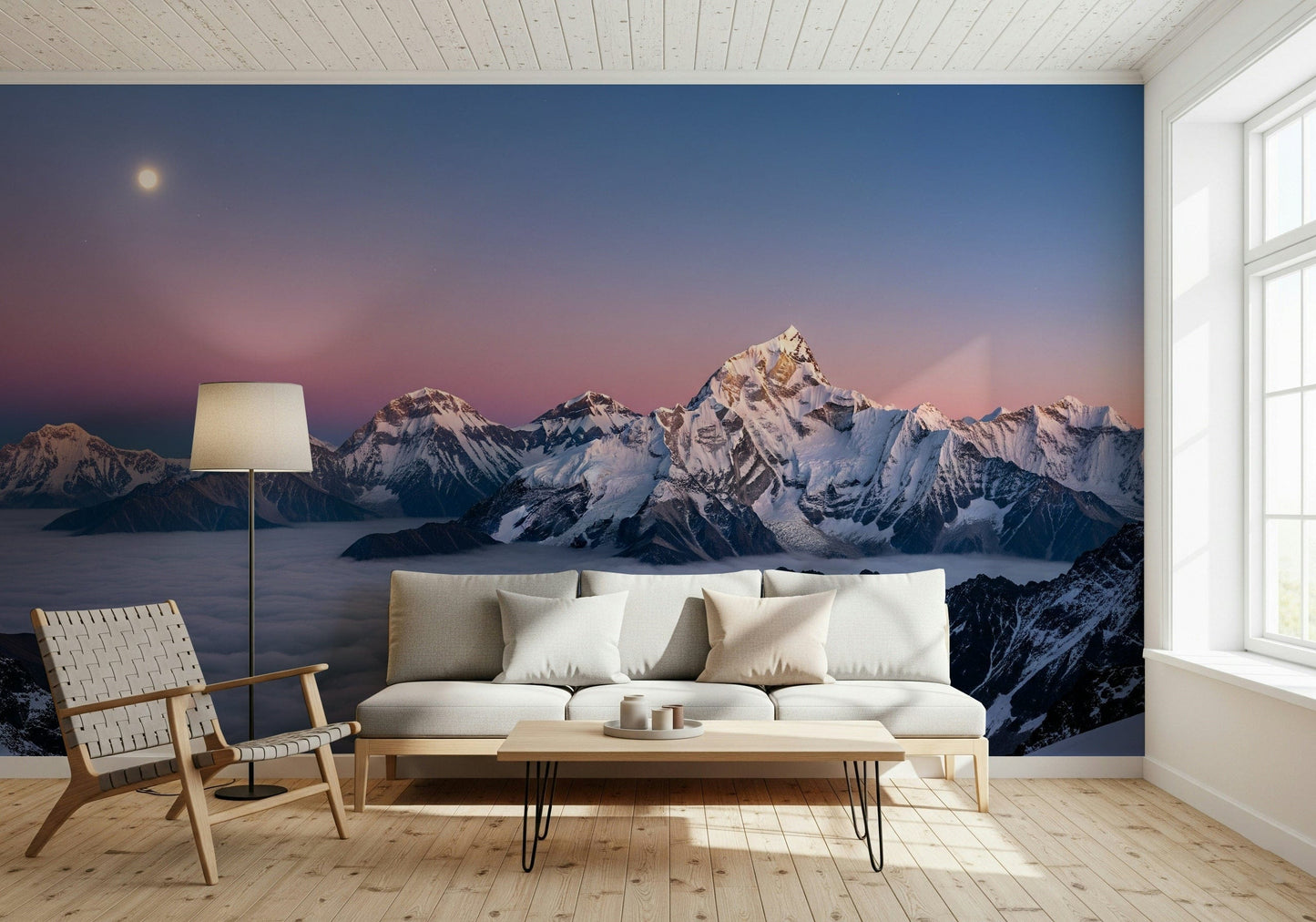 Artistic mountain mural with eucalyptus green tones for a relaxed bedroom.