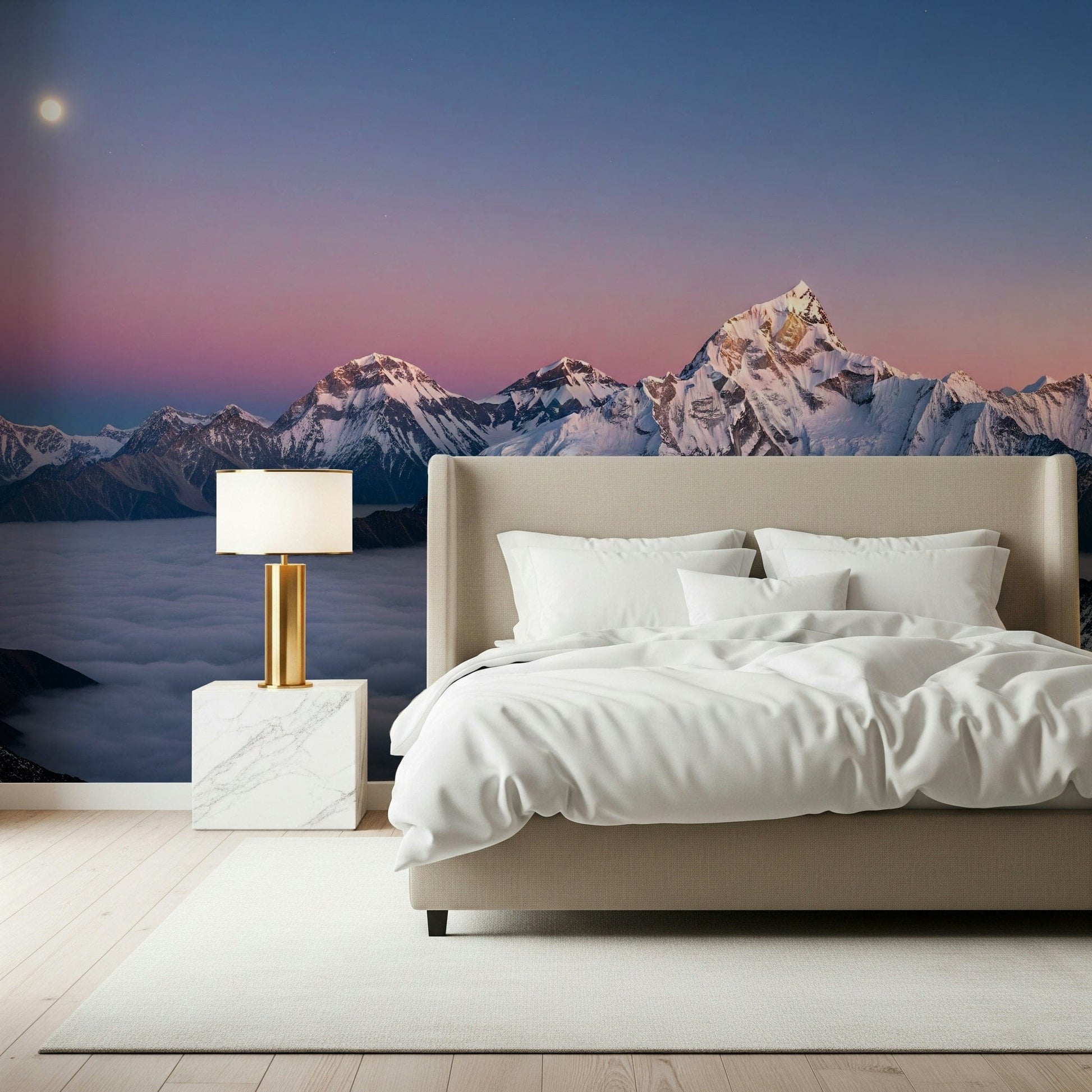 Stylised peak and mist wallpaper for a feature wall in a lounge.