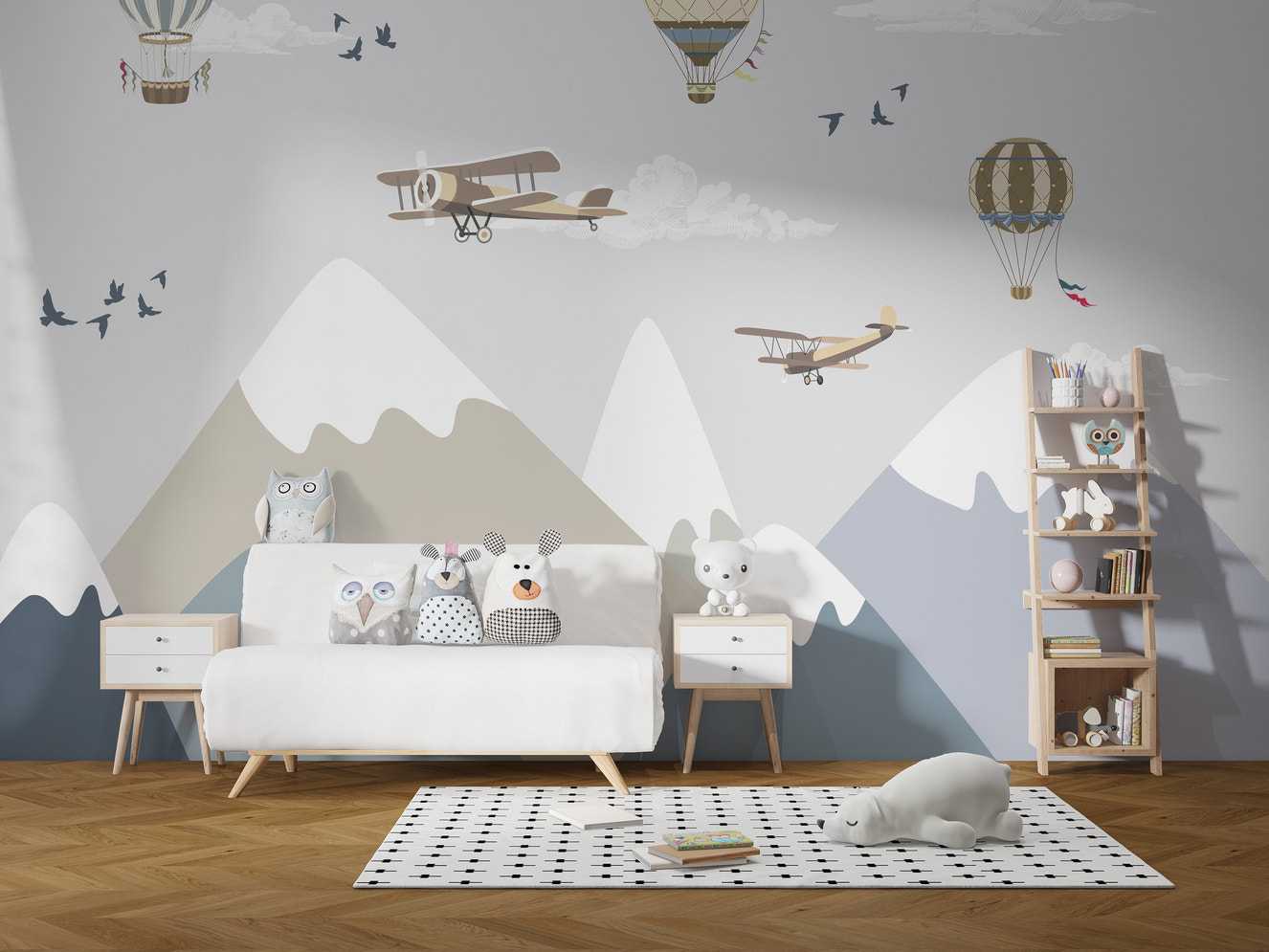 Airplane and hot air balloon kids room wallpaper mural
