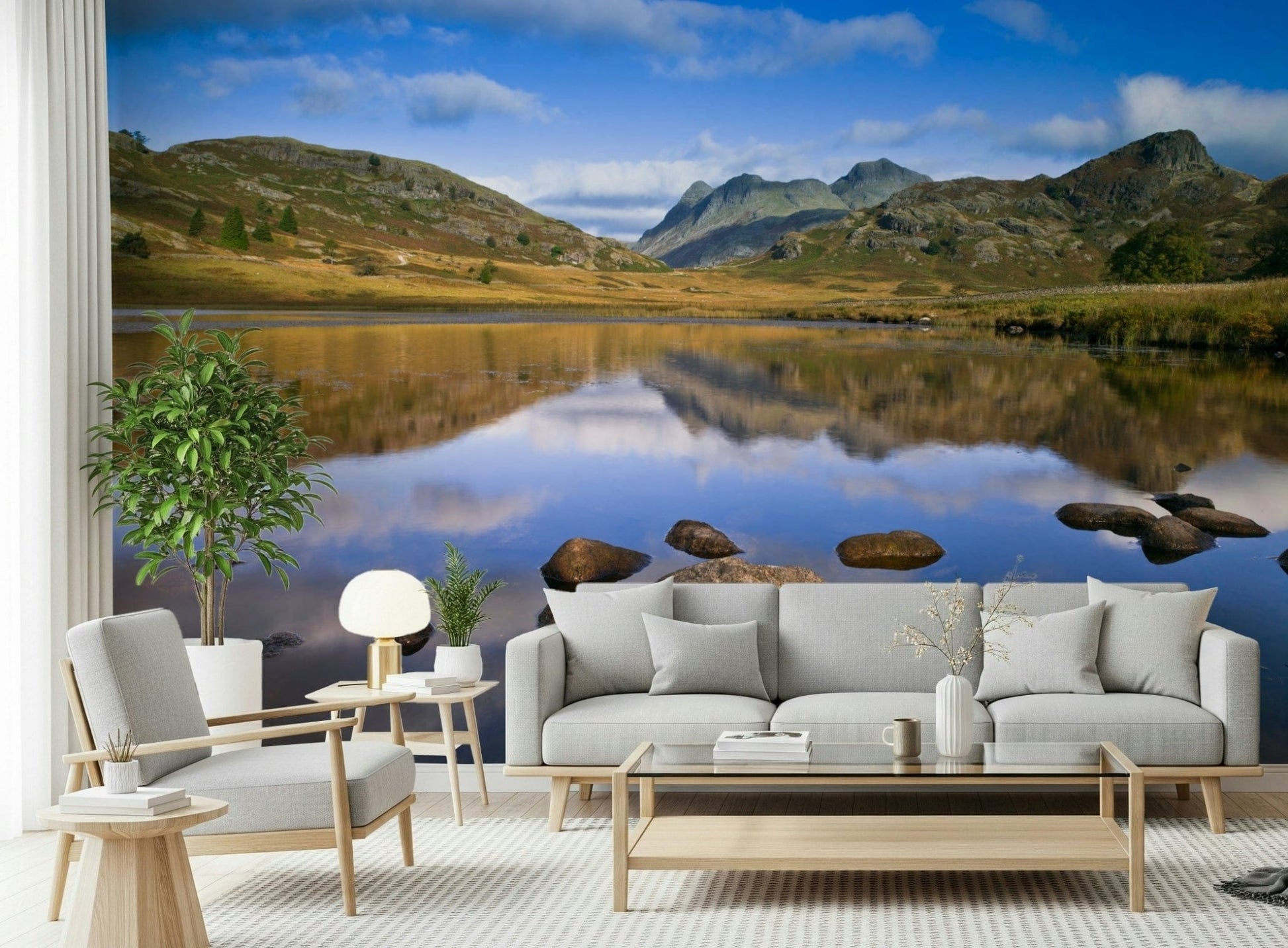 Peaceful valley wall mural with water mirror