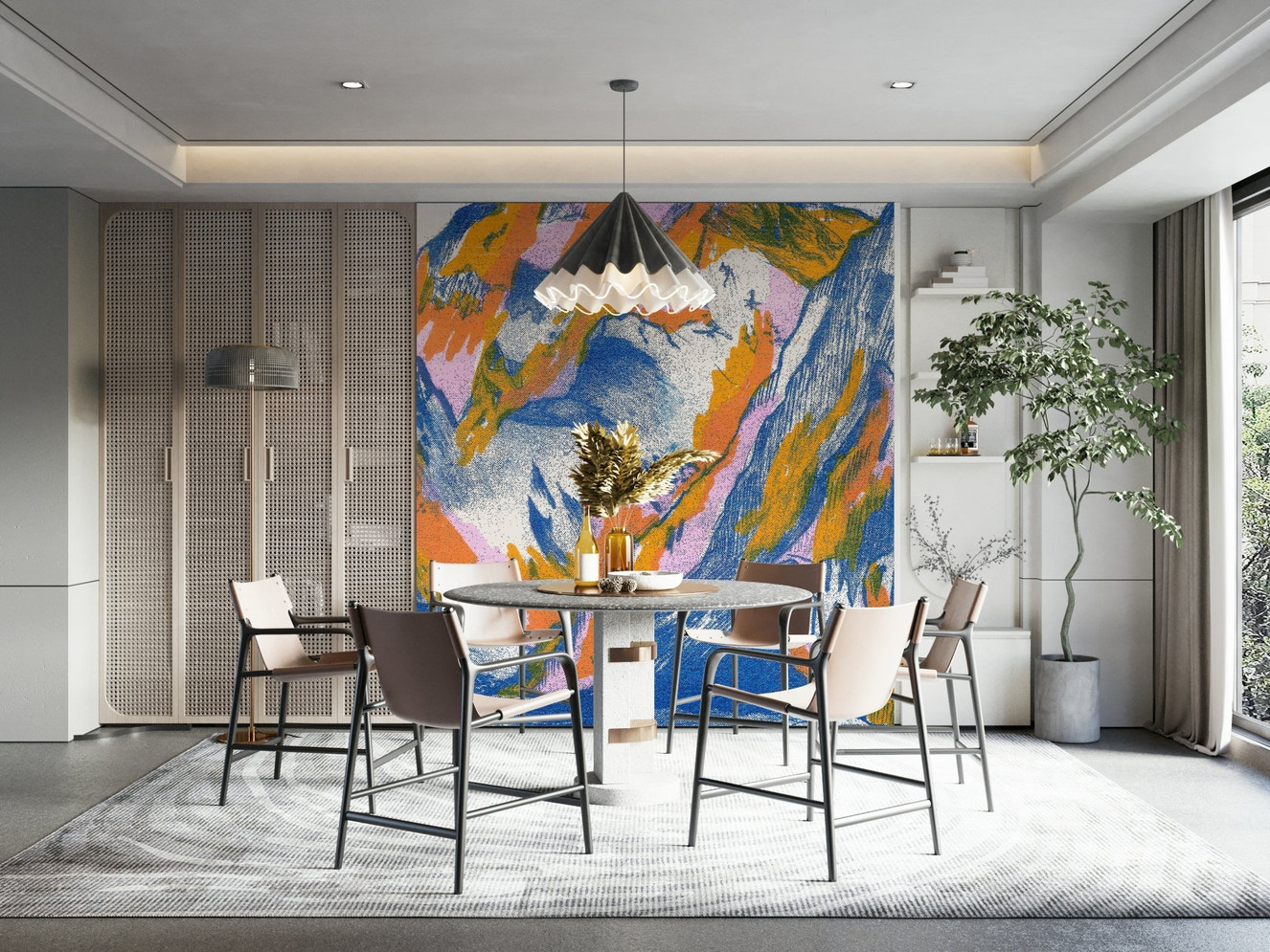 Towering mountain range with sharp peaks.
