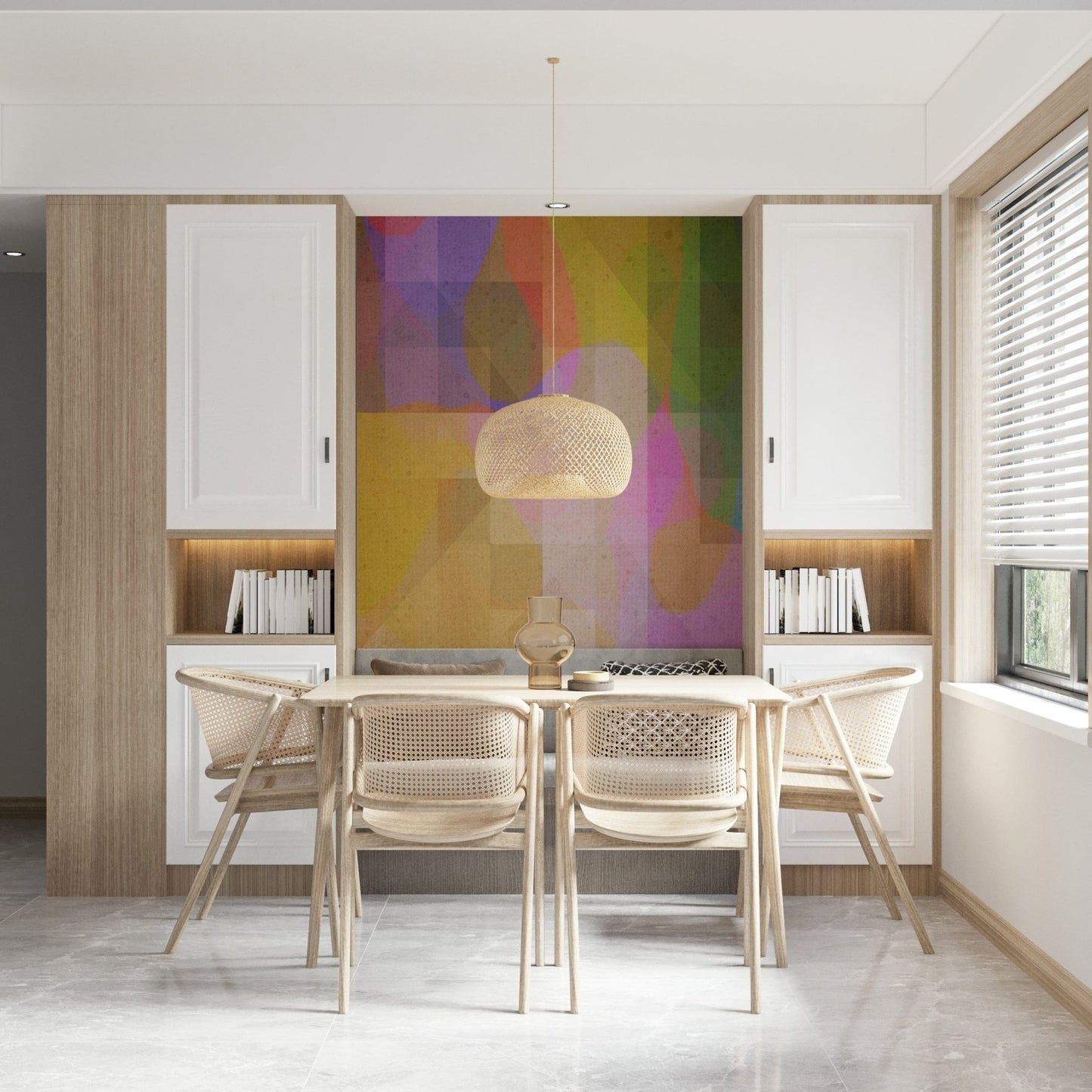 A contemporary abstract geometry wallpaper with layered shapes and soft color transitions.