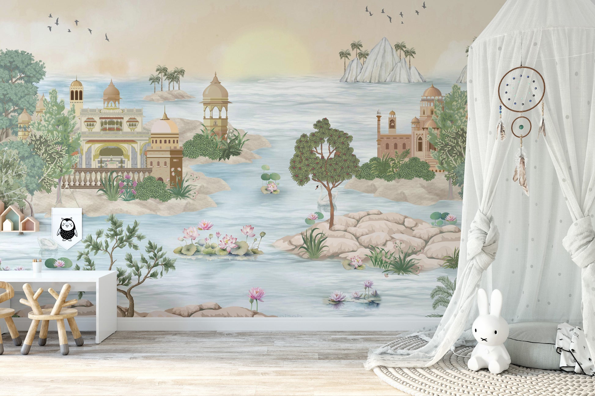 Traditional Indian palace mural with intricate details
