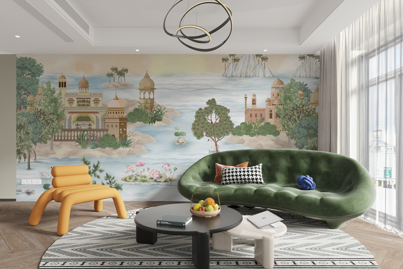 Mughal architecture landscape wallpaper with lake view
