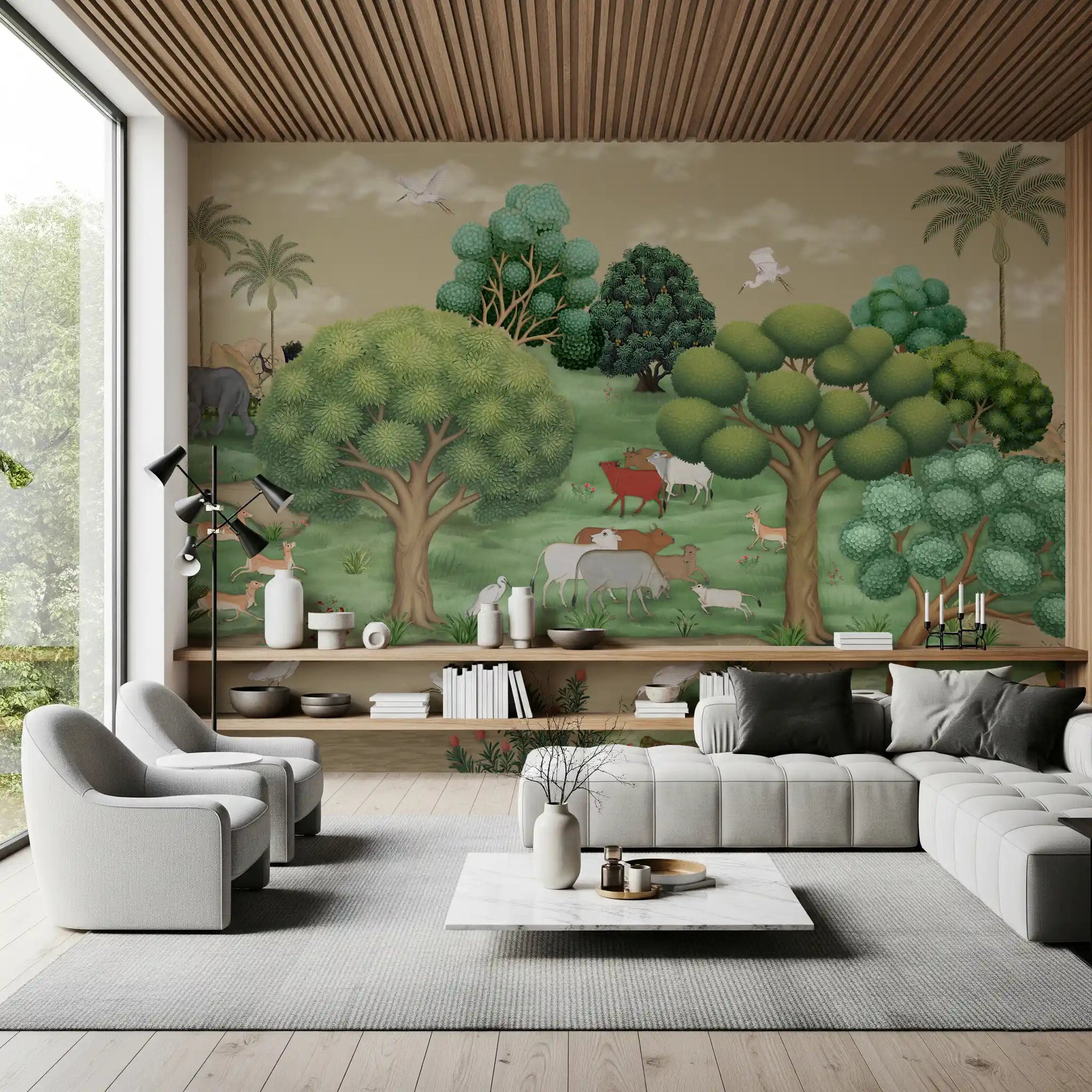 The Mughal Forest Serenity wall mural adds a calm feel to a living room.