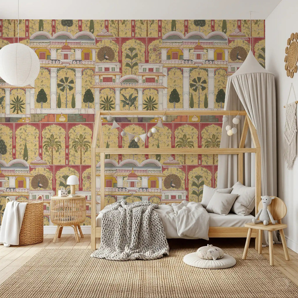 Grandeur Heritage court wall mural set behind a refined bedroom 