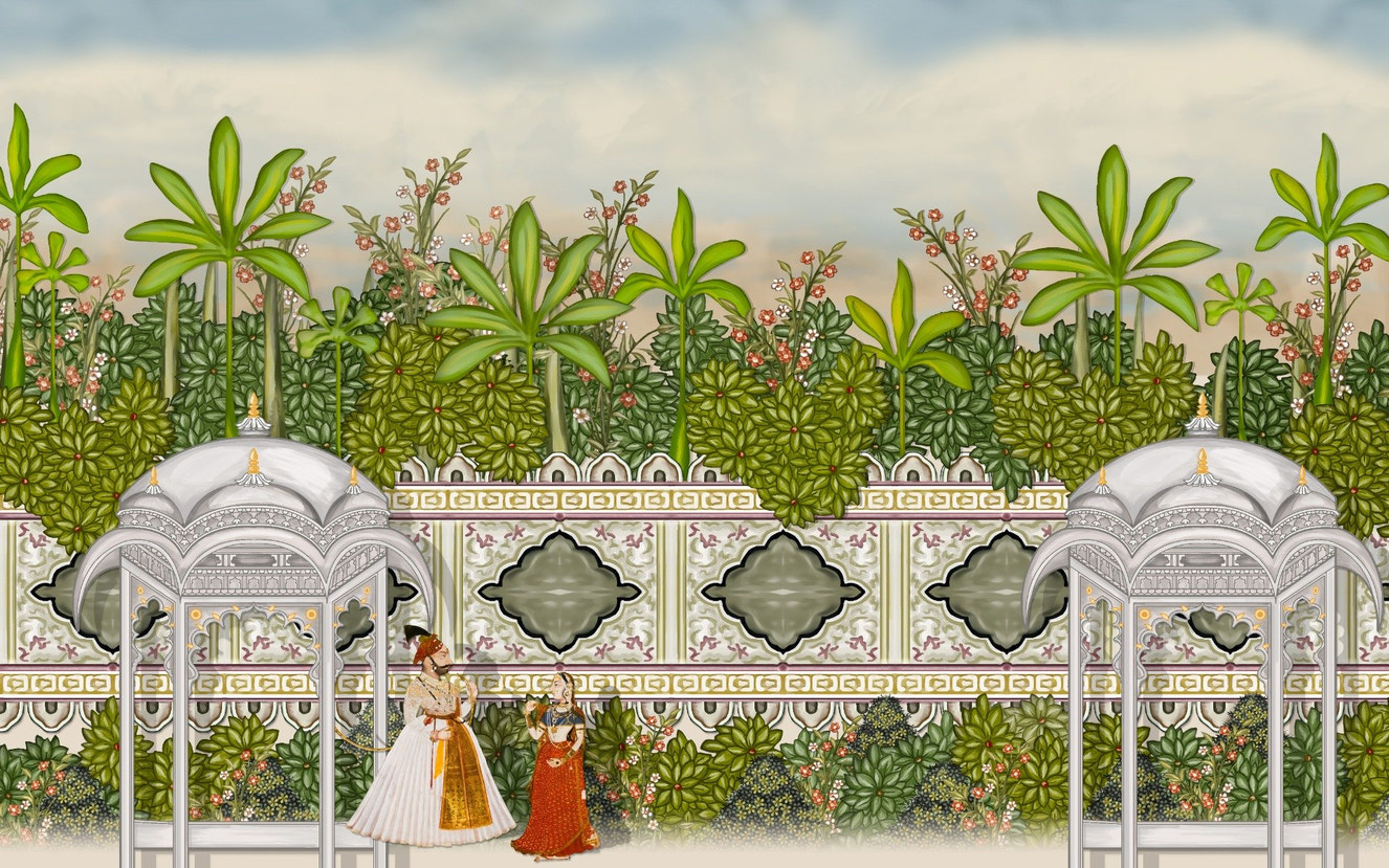 Watercolour Vintage Mughal Garden Oil Paint Wallpaper Murals - Giffywalls
