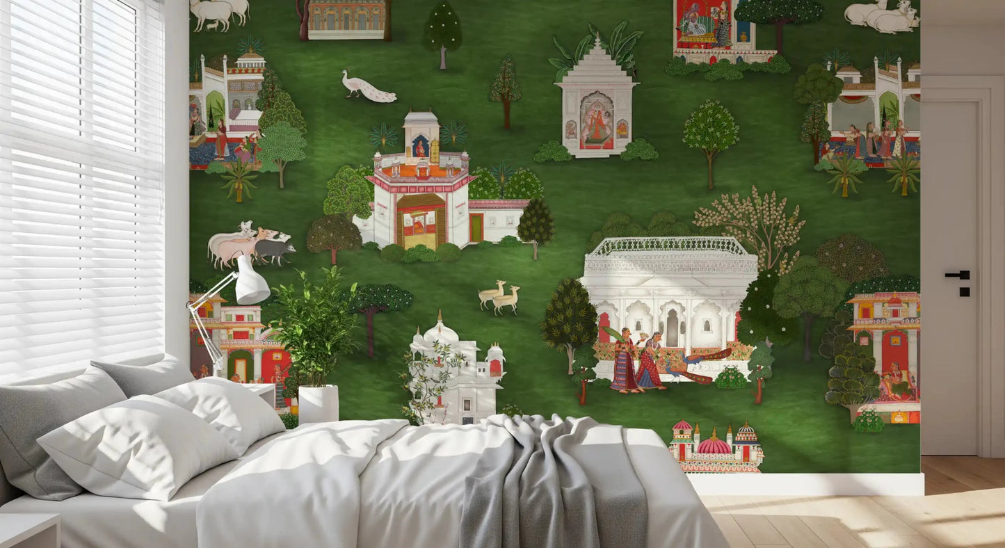 Mughal garden wall mural enriching a Bedroom with calm greenery