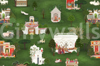 Mughal garden wall mural with white pavilions, trees, and royal courtyard scenes