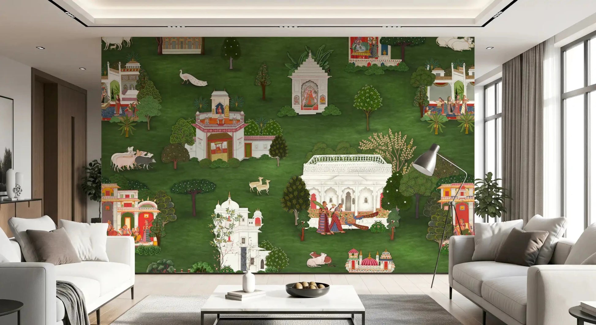 Regal retreat wall mural creating a refined look in a master living room
