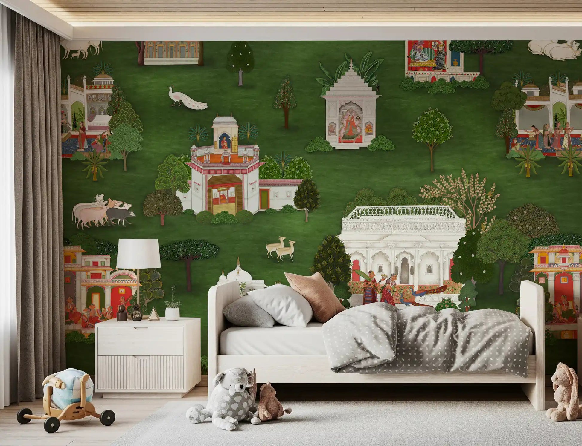 Mughal landscape wall mural softening a Bedroomwith scenic greenery