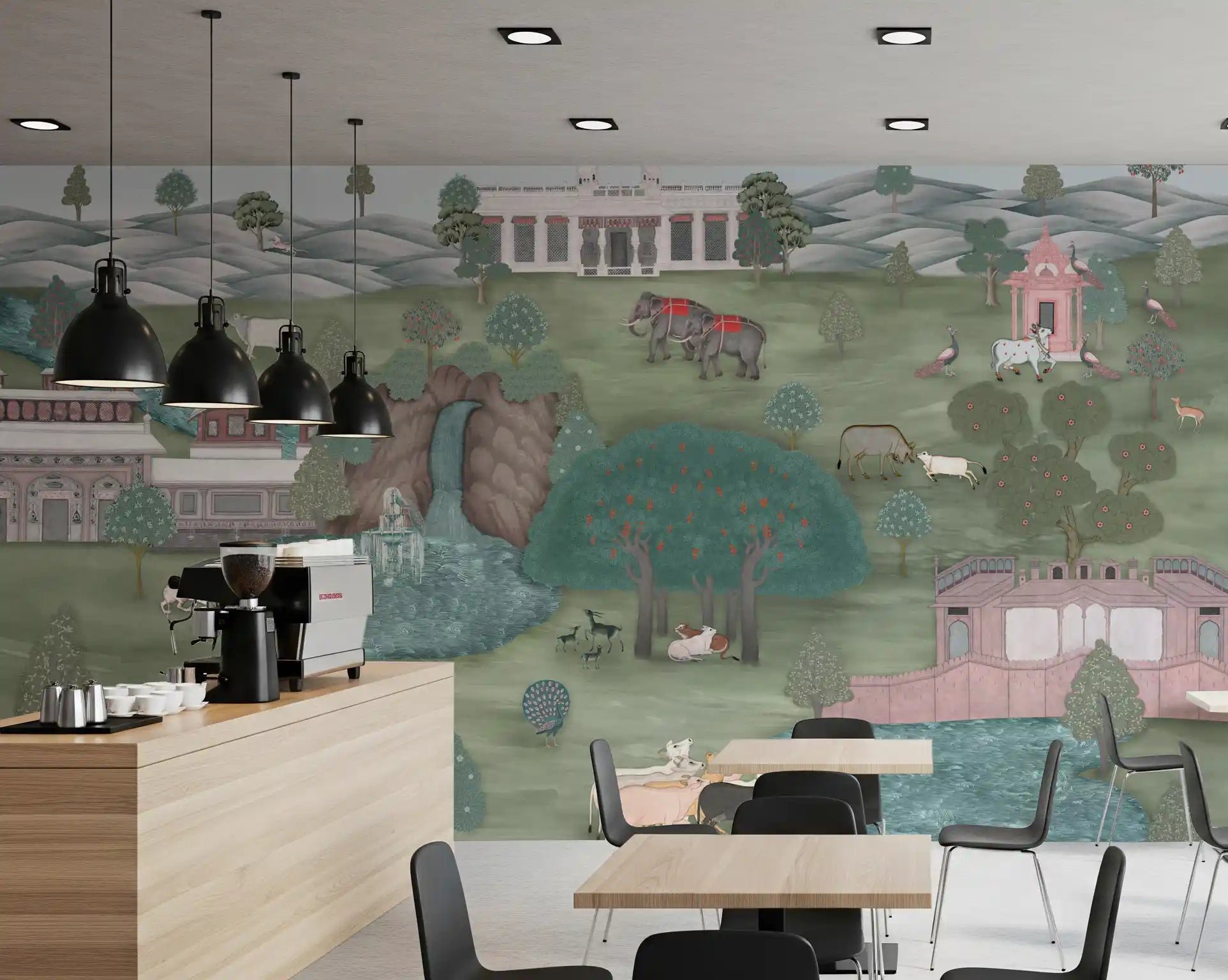 Cafe area Mughal Garden & Wildlife Vista wall mural featuring hills