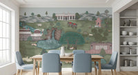 Waterfall and wildlife wall mural in Mughal garden landscape style