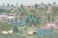 Cultural garden landscape wall mural in soft pastel tones