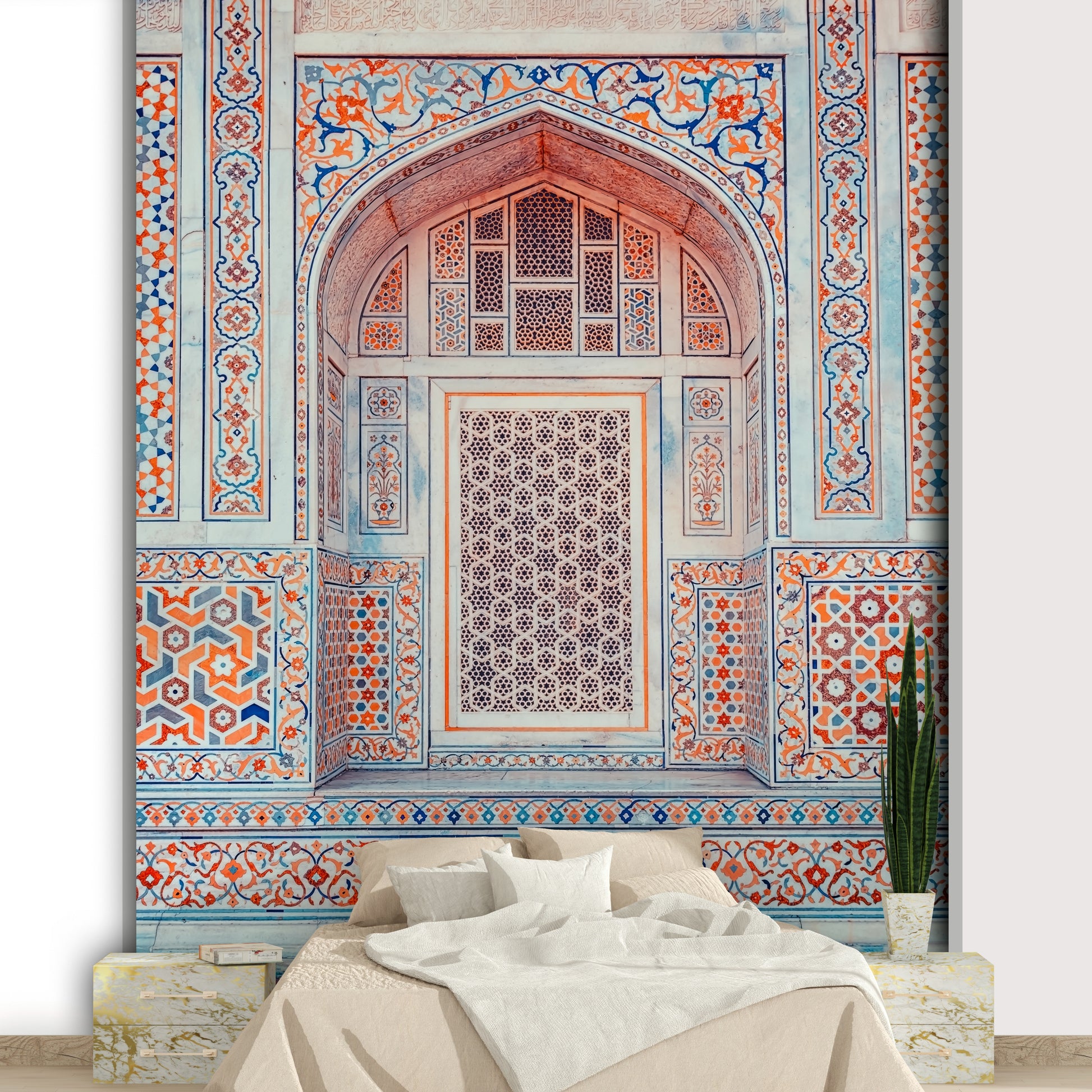 Ornate Mughal patterns in blue and coral


