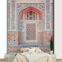 Ornate Mughal patterns in blue and coral

