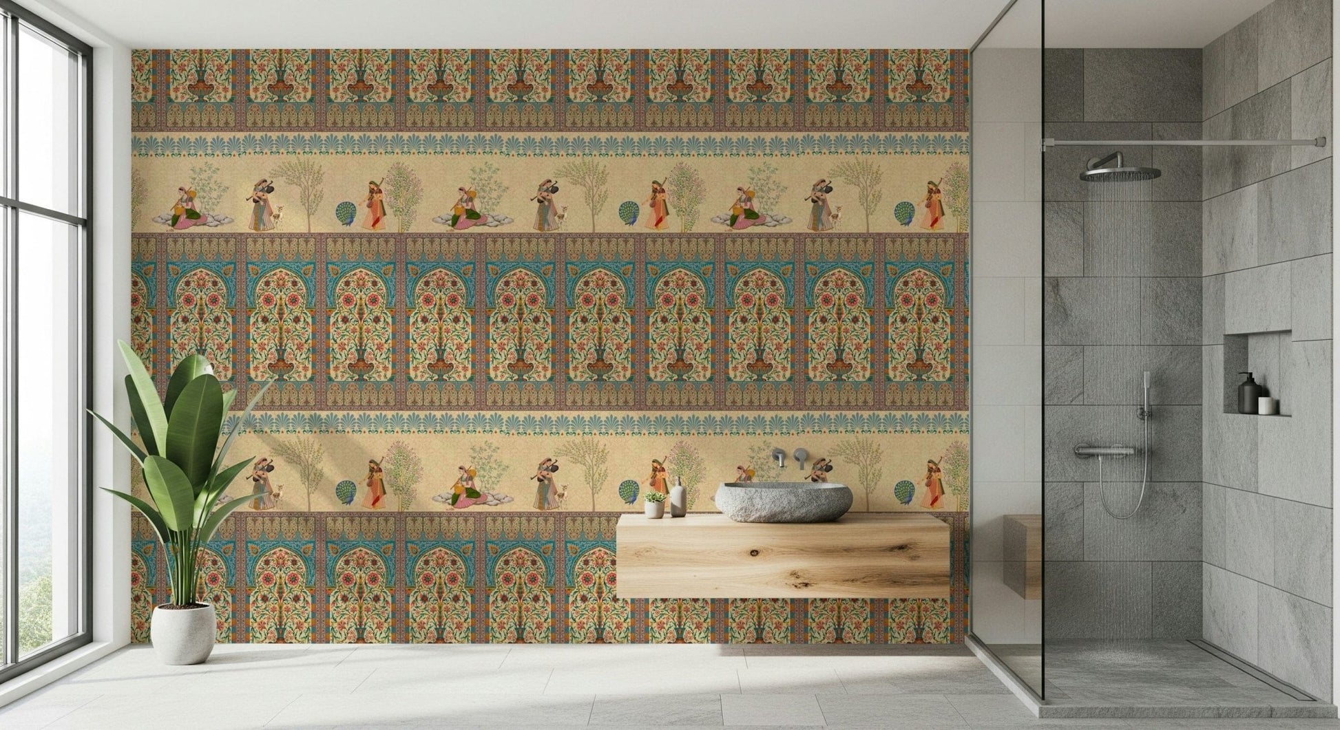 Detailed arch and floral mural in living room, rich color palette, large feature wall