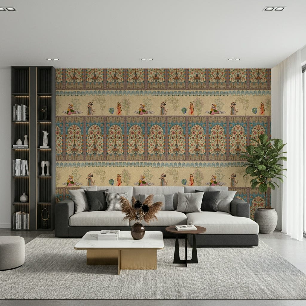 Decorative Mughal motif wall mural in office, calm greens, refined wall decor backdrop