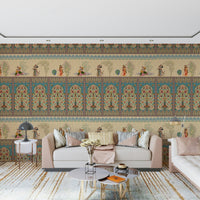 Vintage Mughal design mural in reading nook, earthy tones, cozy apartment wall decor