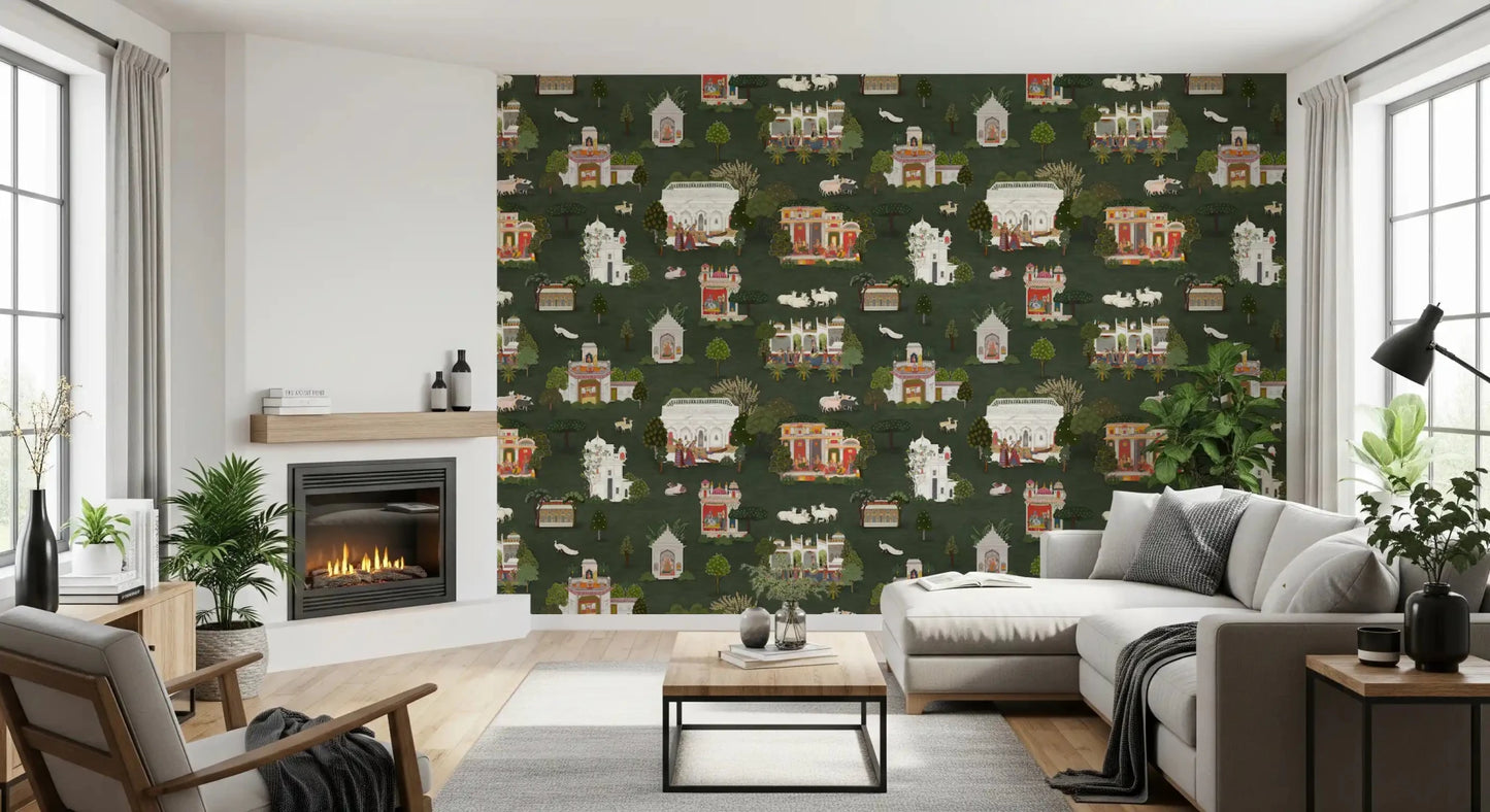 Mughal Palace Dreams wall mural in a living room with detailed architecture