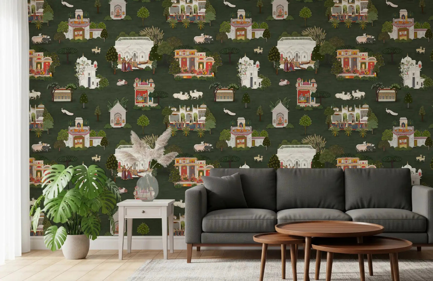 Palace scene wall mural with trees, animals, and heritage design