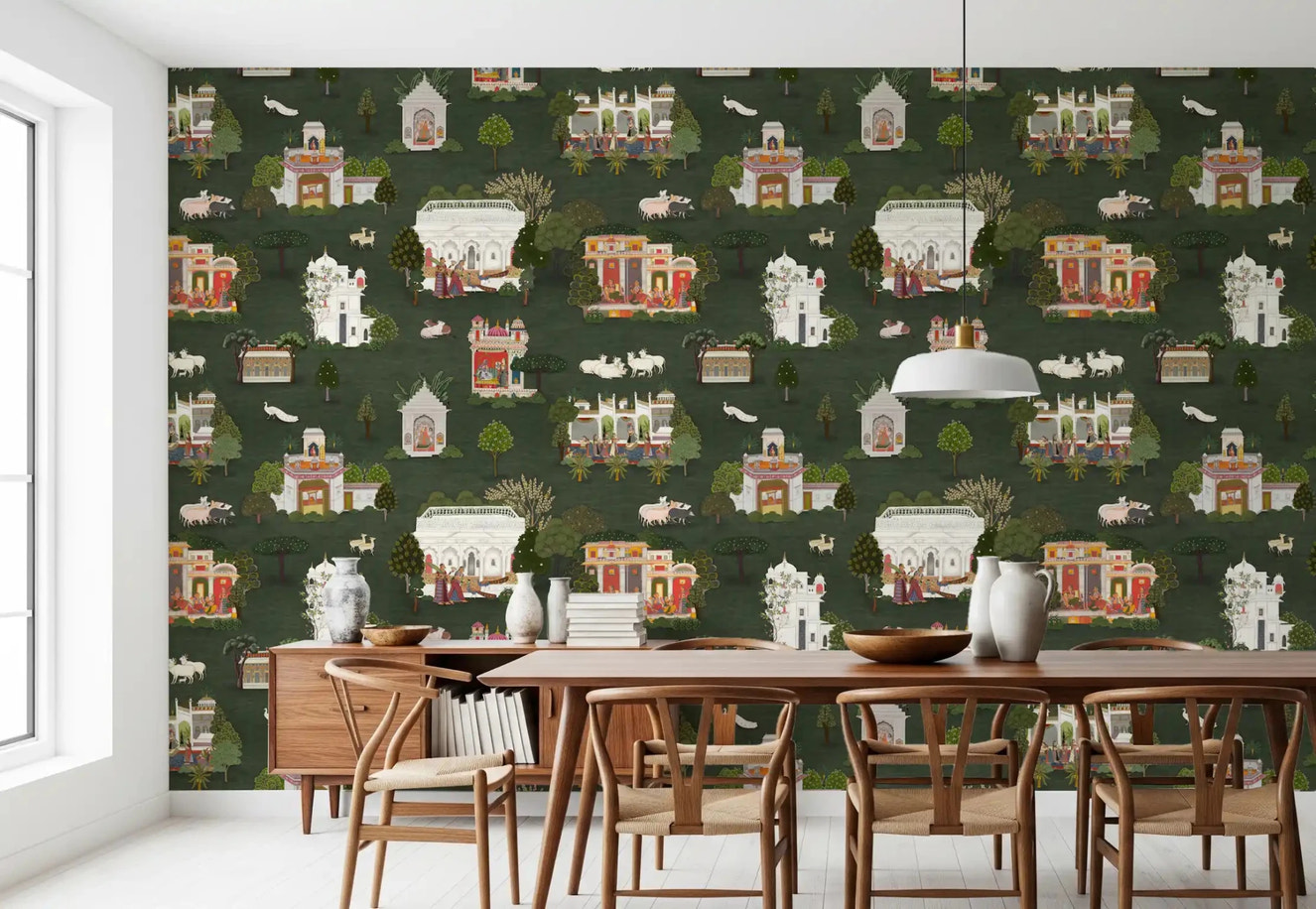 Mughal Palace Dreams wall mural in a dining room with palace garden scenes