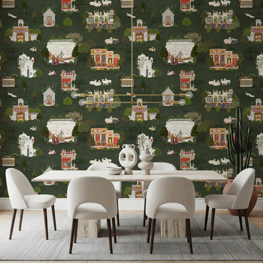 Miniature style wall mural with repeating palace illustrations