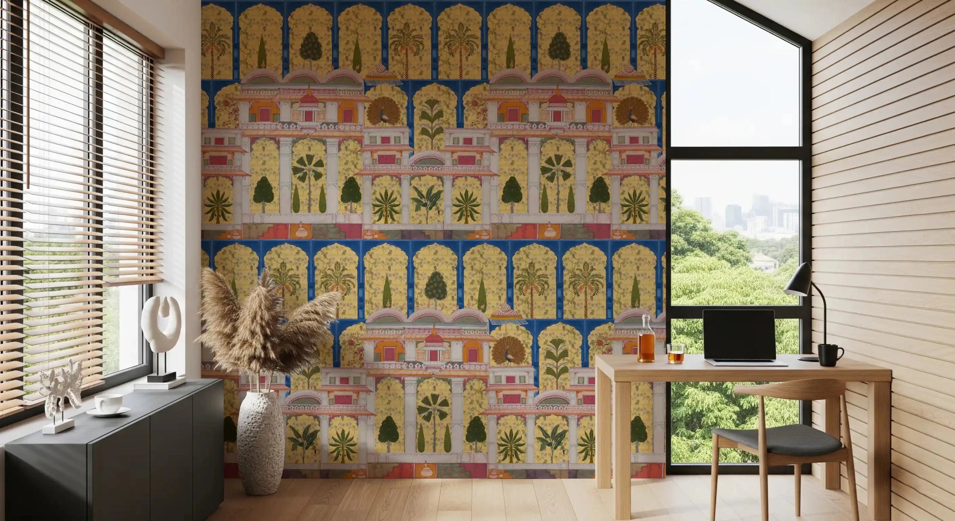 A home office showcases the royal Mughal garden wall mural.