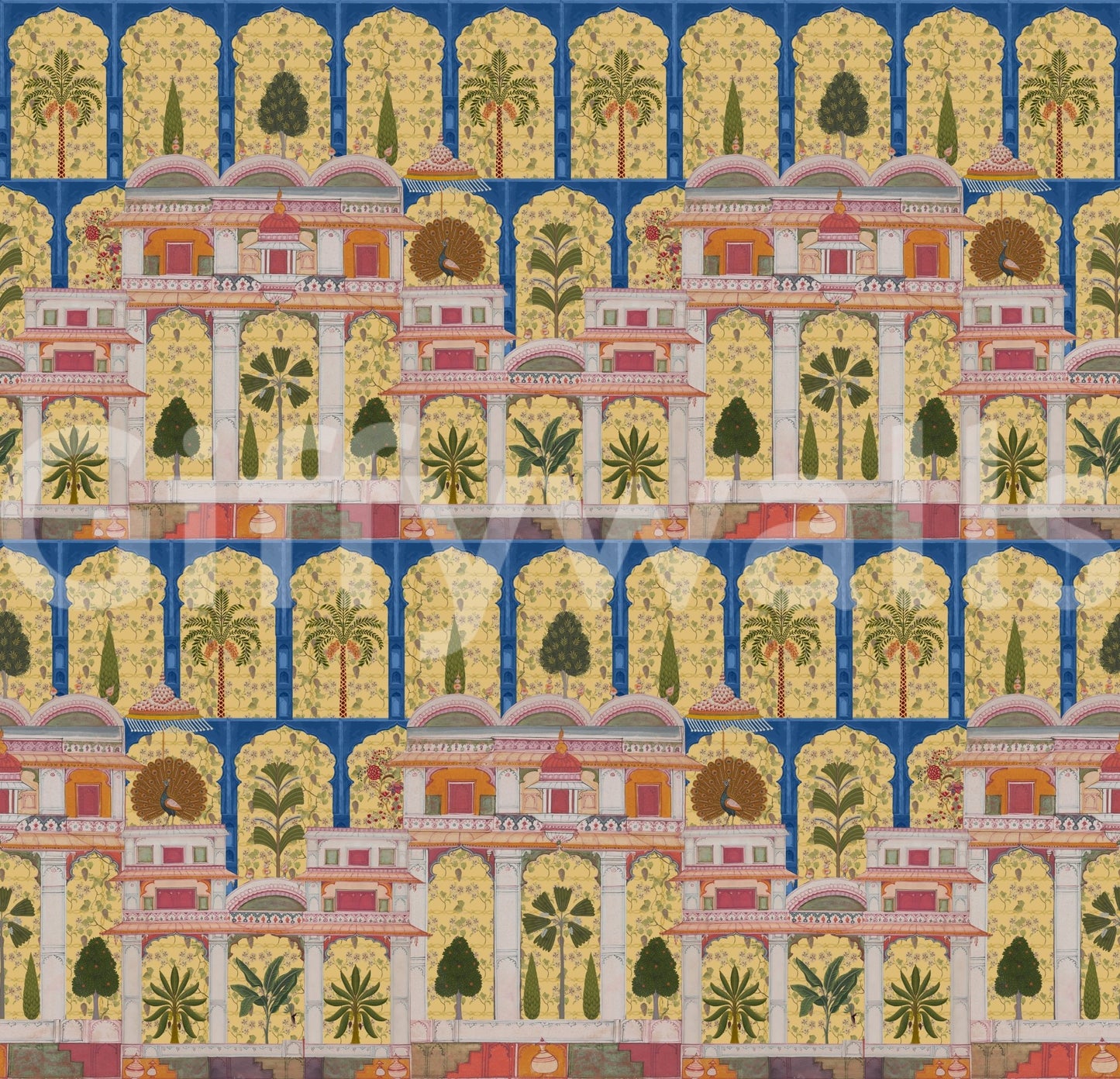 Peacocks perch on pavilions in the Mughal Palace Garden wall mural.