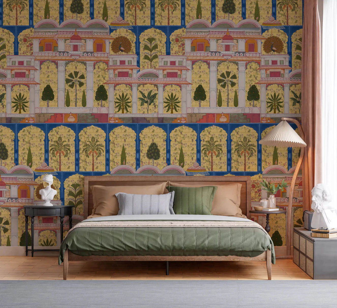 A serene bedroom features the royal Indian garden wall mural.