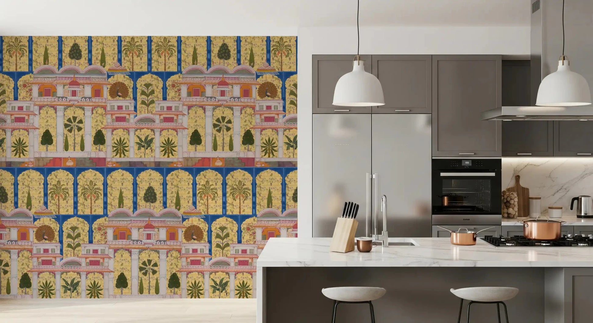 The Mughal Palace Garden wall mural brings color to a modern Kitchen .