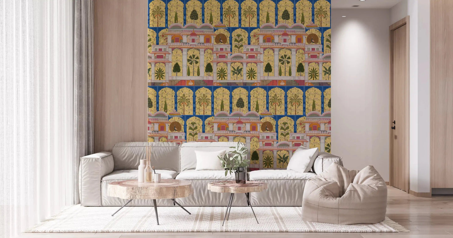 Update a hallway with the Mughal Palace Garden wall mural patterns.