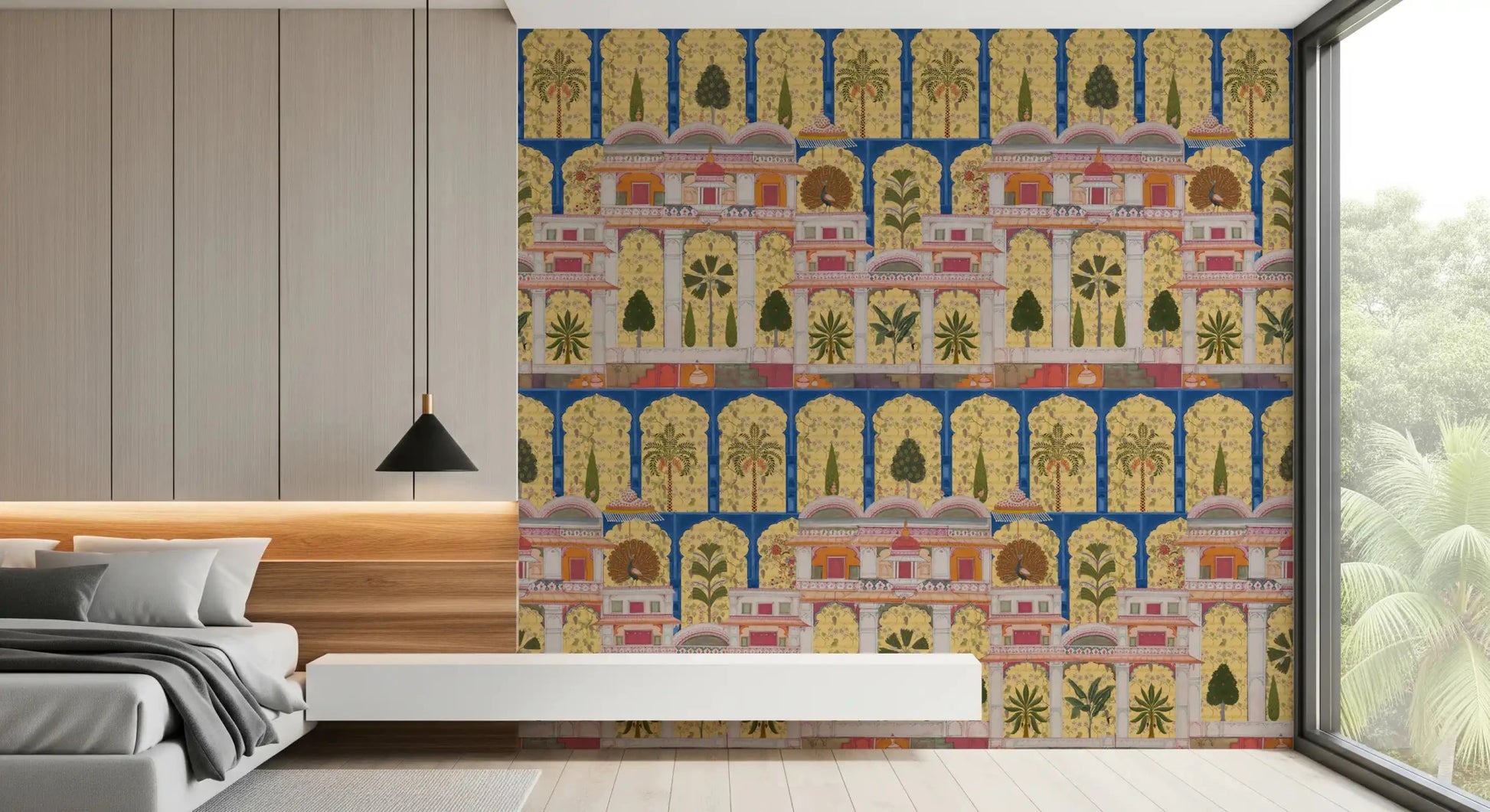 A Bedroom suite displays the vibrant royal pavilion garden wall mural.